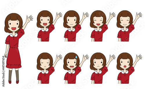 手を挙げている笑ったり悩んだりする女の子の上半身イラストセット