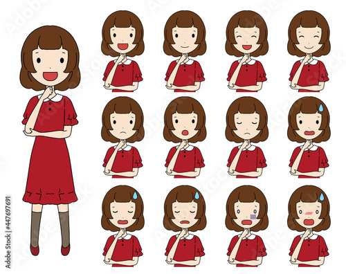 考えるポーズの笑ったり悩んだりする女の子の上半身イラストセット