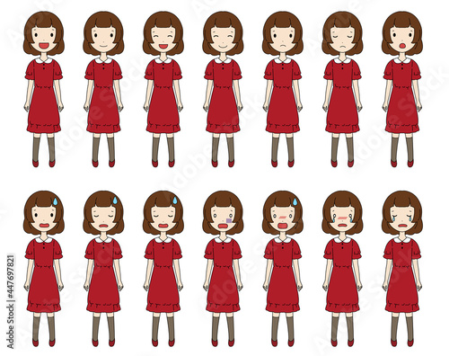 笑ったり落ち込んだりする色んな表情の女の子の全身イラストセット