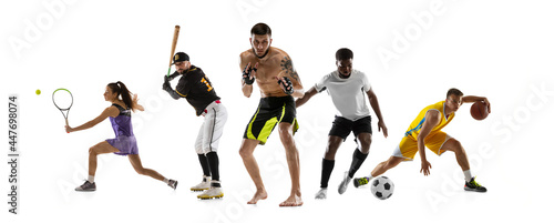 Fototapeta Naklejka Na Ścianę i Meble -  Sport collage. MMA, tennis, soccer football, baseball, basketball players posing isolated on white studio background.