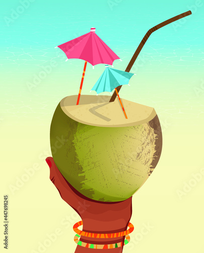 Digital illustration of a girl in the summer on the beach holding in her hand a ripe coconut cocktail with an umbrella and a straw of juice on the background of the ocean sea