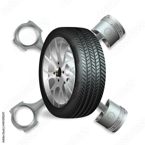 Vector 3D, wheel with pistons isolated on white background.