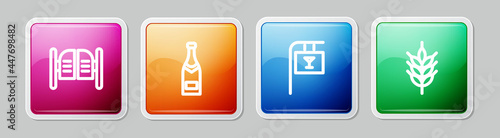 Set line Saloon door, Champagne bottle, Street signboard with Bar and Hop. Colorful square button. Vector