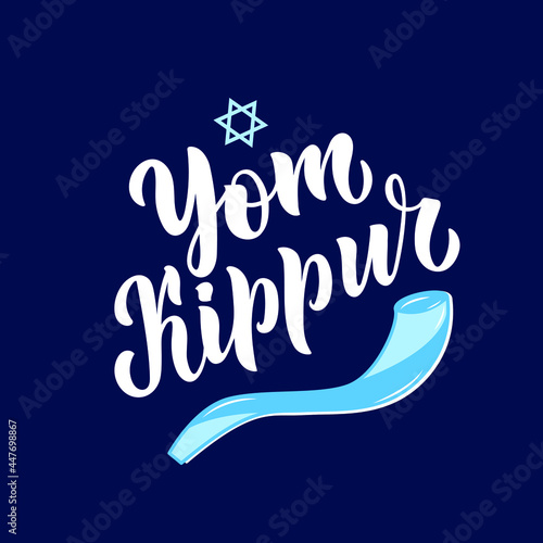 Yom Kippur greeting card and shofar (horn) vector illustration on dark blue background. Design for Jewish Holiday banner, postcard, greeting template. Hand lettering, modern brush ink calligraphy photo
