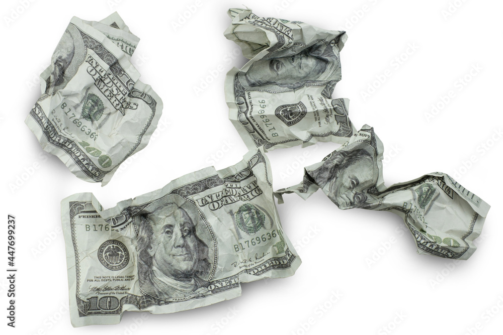 Money crushed one hundred dollar bills isolated on white background with clipping path Money crushed one hundred dollar bills isolated on white background with clipping path