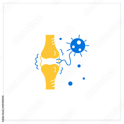 Joint pain flat icon. Covid molecule attacking joints. Concept of corona virus disease system health effects, arthritis and high fever symptoms. Vector illustration