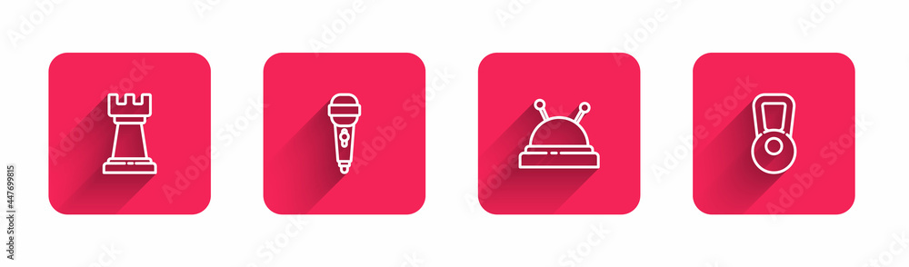 Fototapeta premium Set line Business strategy, Microphone, Needle bed and needles and Kettlebell with long shadow. Red square button. Vector