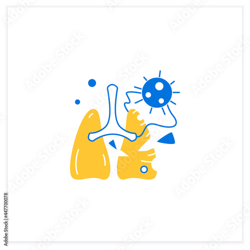 Lung damage flat icon. Covid molecule attacking lungs. Concept of corona virus effects, acute respiratory damage, breathing failure and pneumonia. Vector illustration