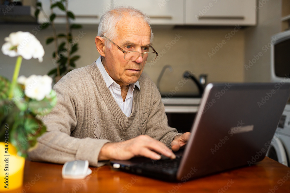 gray haired old man working at laptop at home gray haired old man working at laptop at home