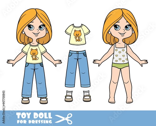 Cartoon girl with bob hairstyle in underwear , dressed and clothes separately - classic t-shirt with cat and long jeans and sandals doll for dressing