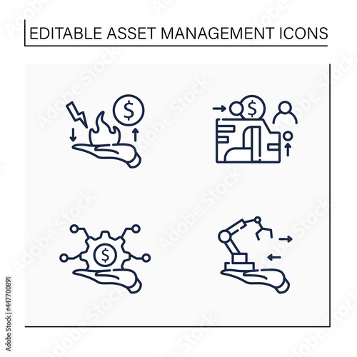 Asset management line icons set. Financial resources. Risk management, infrastructure, fixed, enterprise.Business concept. Isolated vector illustration.Editable stroke
