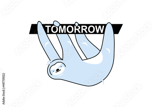 Procrastination concept. Sloth hanging on the word 'tomorrow'. Flat vector.