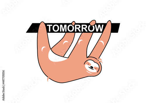 Procrastination concept. Sloth hanging on the word 'tomorrow'. Flat vector.