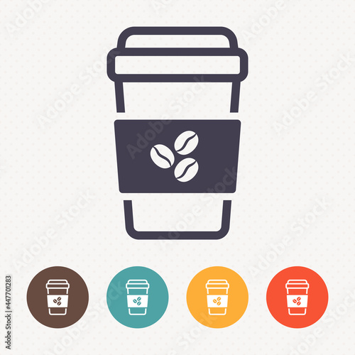 Disposable coffee cup icon with coffee beans logo on dot pattern background