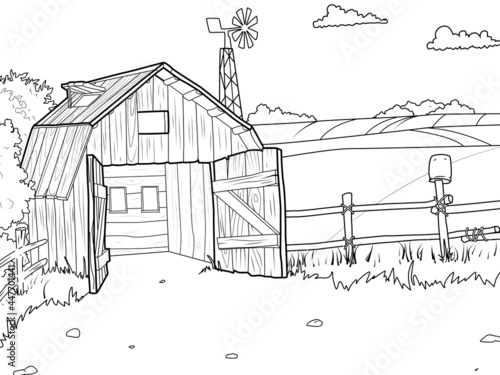 Agricultural yard, barn, field and wind farm. Children coloring book.