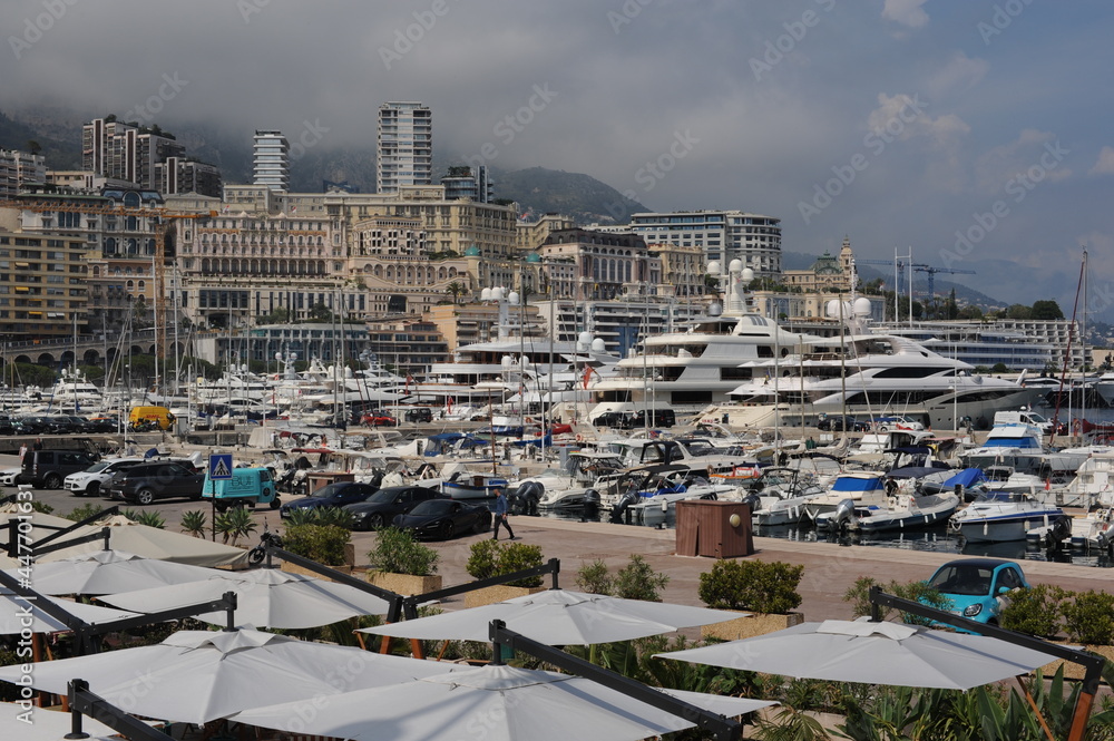 Panorama of Monte Carlo in Monaco with Mediterranean Sea harbour in summer on a sunny and cloudy day