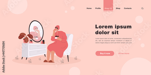 Young woman sitting in front of mirror and washing, cleansing or moisturizing her face skin in morning. Cartoon colorful vector illustration for daily personal care, hygiene, routine skincare concept