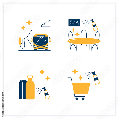  Surface disinfection flat icons set. Disinfection at public spaces. Safety space and preventative measures. Preventing virus spread concept.Vector illustrations
