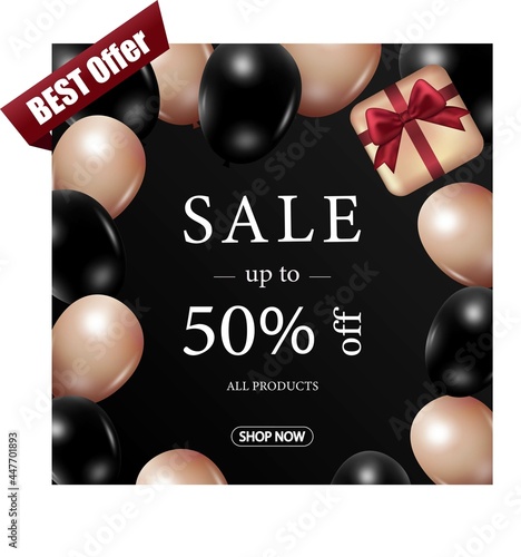 Sale. Discounts. Half price. Profitable proposition. Purchases. Online. Limited offer. Best collection. Stock vector illustration. Black Friday. Background. Realistic style. Tags. Balloon. Up to 50 % 