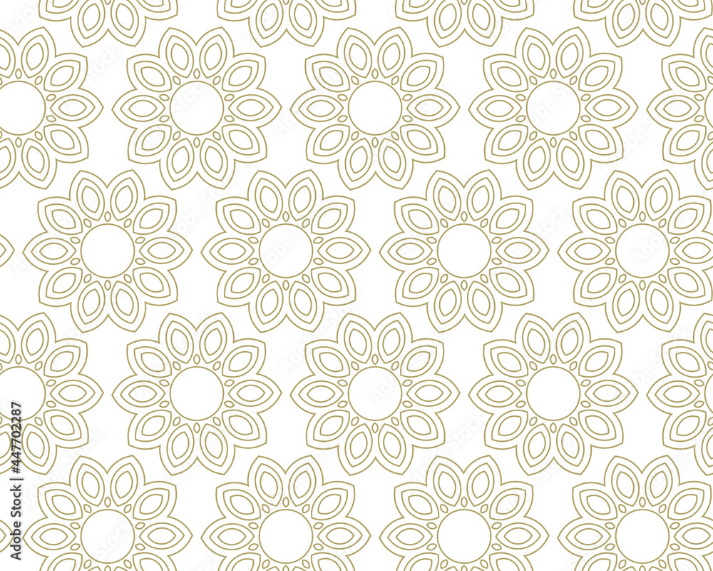 Modern simple geometric vector seamless pattern with gold flowers, line texture on white background. Light abstract floral wallpaper, bright tile ornament, wallpapers, flyers, covers, banners
