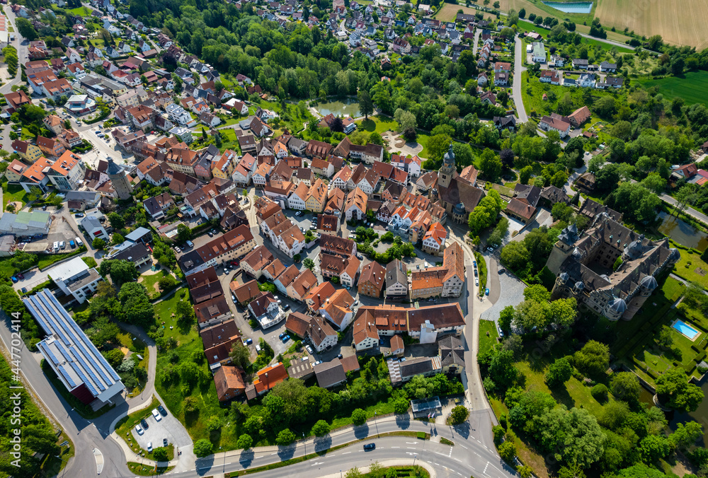 Aerial view of the old town of the city  Neuenstein in Germany. On a sunny day in spring.