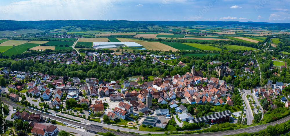 Aerial view of the old town of the city  Neuenstein in Germany. On a sunny day in spring.