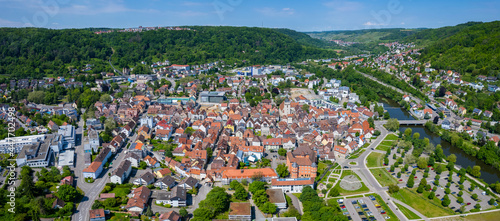 Aerial view of the city K  nzelsau in Germany. On a sunny morning in spring.