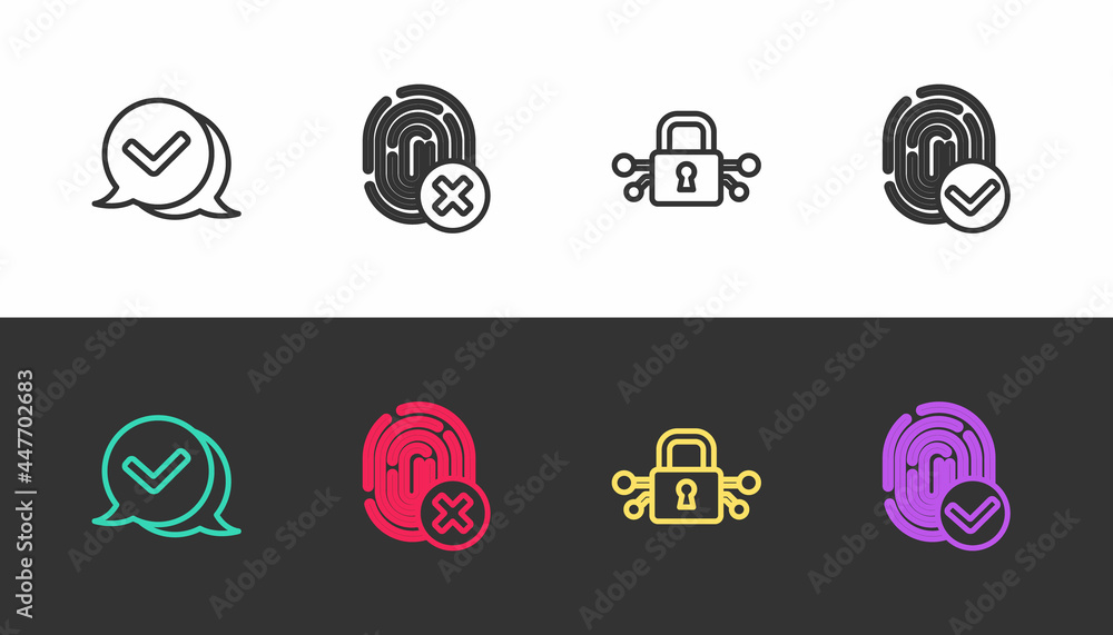 Set line Check mark in speech bubble, Cancelled fingerprint, Cyber security and Fingerprint on black and white. Vector