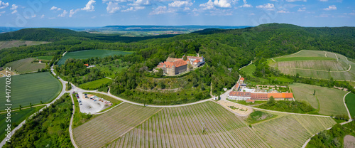 Aerial view around the castle Schloss Frankenberg in Germany, Bavaria on a sunny spring day