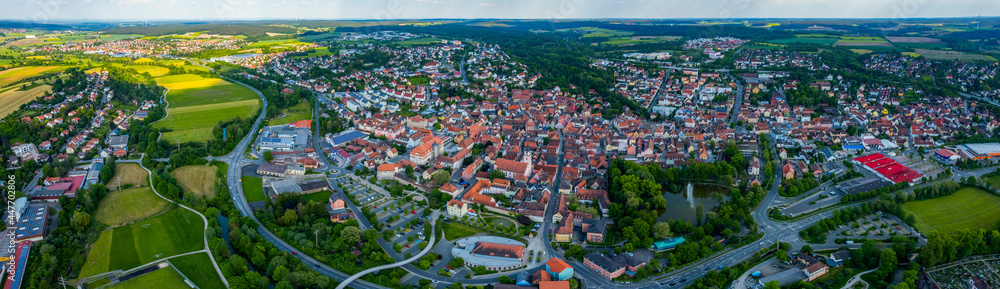 Aerial view of the city Neustadt an der Aisch in Germany, Bavaria on a sunny spring day