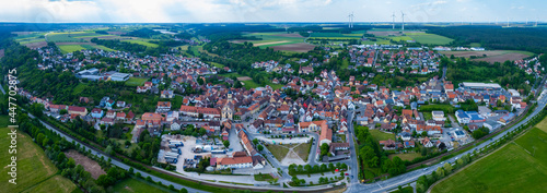 Aerial view of the city Wilhermsdorf in Germany, Bavaria on a sunny spring day
