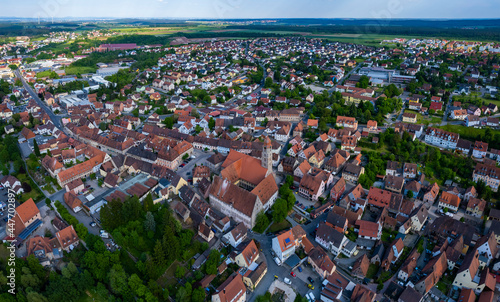 Aerial view of the city Langenzenn in Germany, Bavaria on a sunny spring day