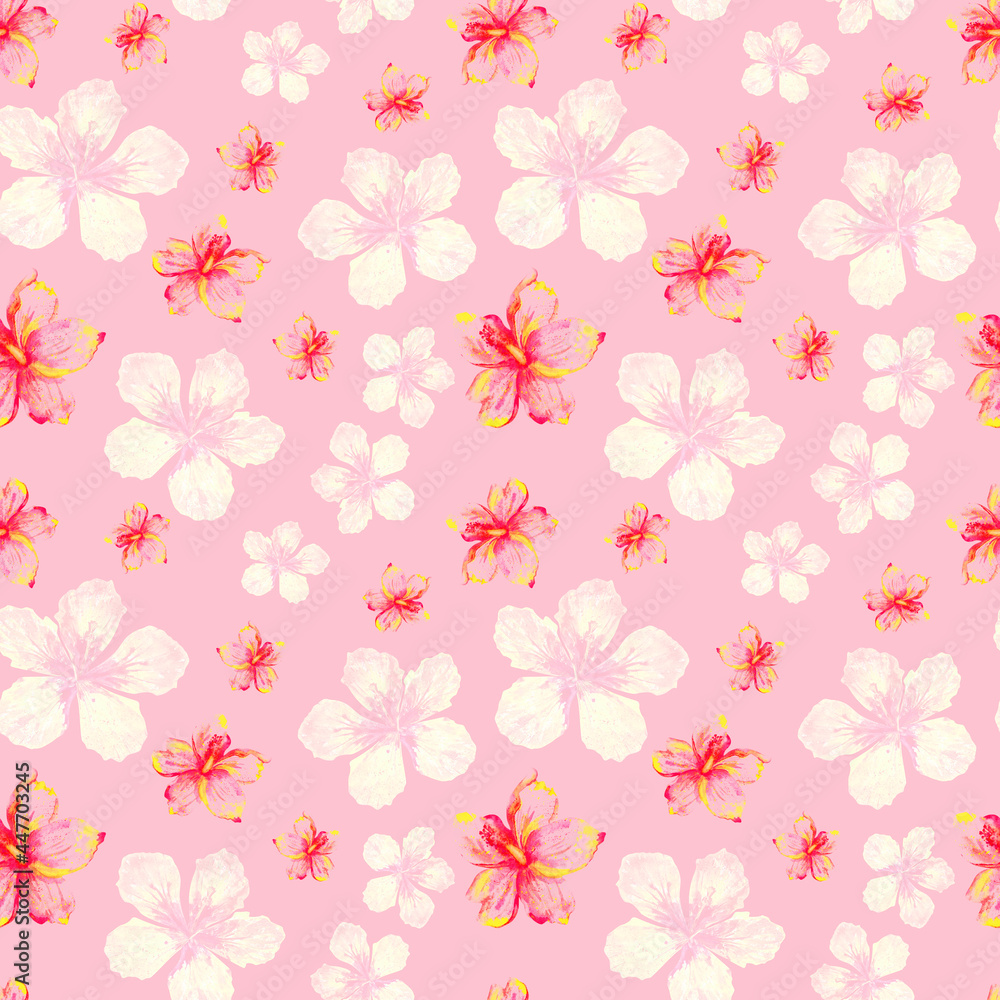 Ditsy pink seamless pattern. Hibiscus flowers print. Floral background