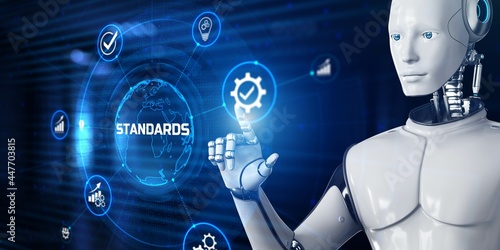 Standard quality control certification standardisation. Robot pressing button on screen 3d render. photo