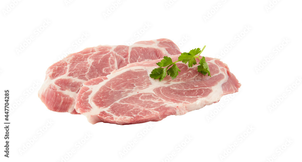 raw beef pork steak  with coriander isolated on white background and clipping path