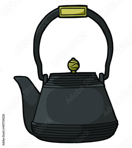 Traditional cast iron teapot. Black teapot for the Asian tea ceremony. Black teapot with gold decor. 