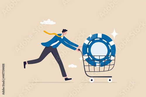 Buy blue chip stock with high expected return, best earning or high profit company, investment opportunity in growth business concept, smart businessman investor buying blue chip in shopping cart.