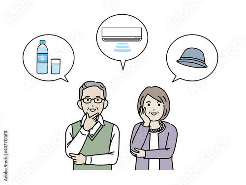 熱中症　日射病　対策をする老夫婦　高齢者　年配　男女　上半身　イラスト素材