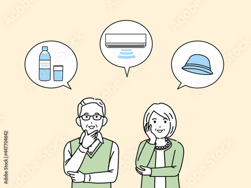 熱中症　日射病　対策をする老夫婦　高齢者　年配　男女　上半身　イラスト素材