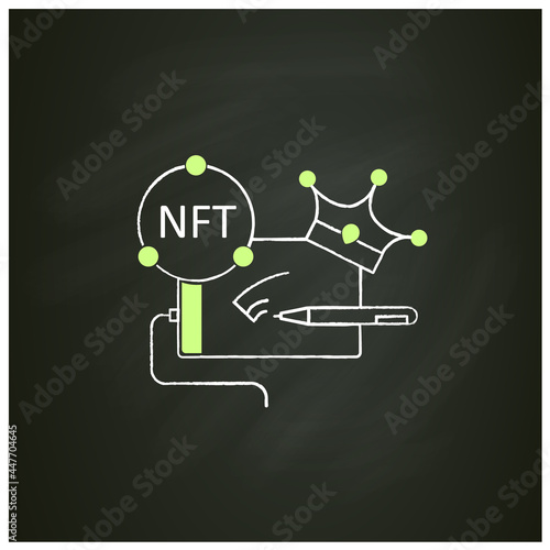NFT digital art chalk icon.Arts with non fungible token coins. Selling.Represent digital files. Used to commodify digital creations. Cryptocurrency concept. Isolated vector illustration on chalkboard