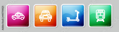 Set line Taxi car, Police and flasher, Scooter and Train railway. Colorful square button. Vector