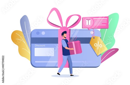 Discount card, man with gift box, vector illustration. Bonus gift card, coupon, voucher, earn reward, loyalty program.