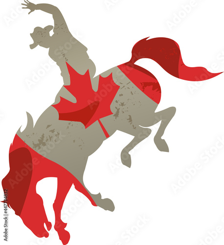 Canada Flag and the silhouette of an authentic western cowboy on horseback. Man riding bucking bronco in rodeo wild west