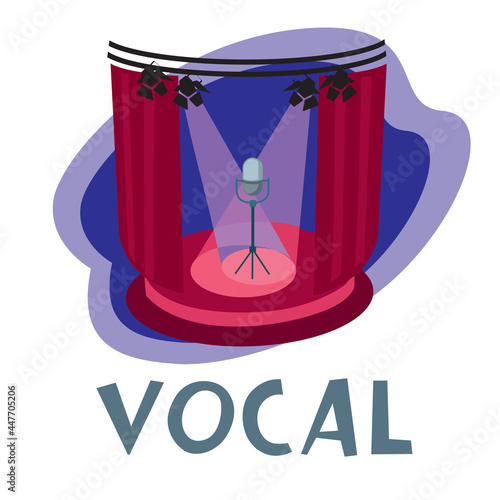 Vocal graphic icon. The microphone stands on the stage, illuminated by spotlights. Vector drawing