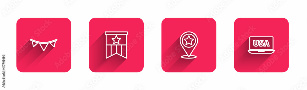 Set line Carnival garland with flags, American, USA Independence day and on laptop with long shadow. Red square button. Vector Set line Carnival garland with flags, American, USA Independence day and on laptop with long shadow. Red square button. Vector