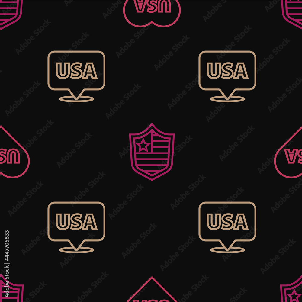 Set line USA Independence day, and Shield with stars on seamless pattern. Vector