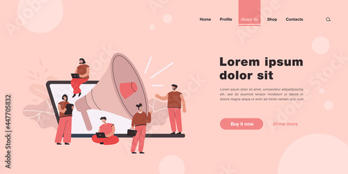 Cartoon tiny managers with giant loudspeaker and laptop. Flat vector illustration. Young people doing business and marketing, attracting customers, promoting goods. Advertisement, marketing concept