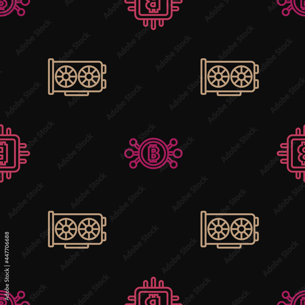 Set line CPU mining farm, Video graphic card and Bitcoin circuit on seamless pattern. Vector