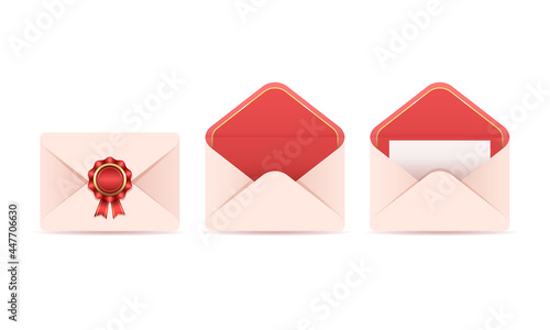 Set of envelopes for letters. Festive beige envelope decorated with a red medal. Open envelope with a gold frame. Nice envelope, red inside. Vector illustration isolated on white background.