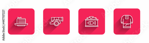 Set line Medovik, Cannon, Tin can with caviar and Kosovorotka with long shadow. Red square button. Vector